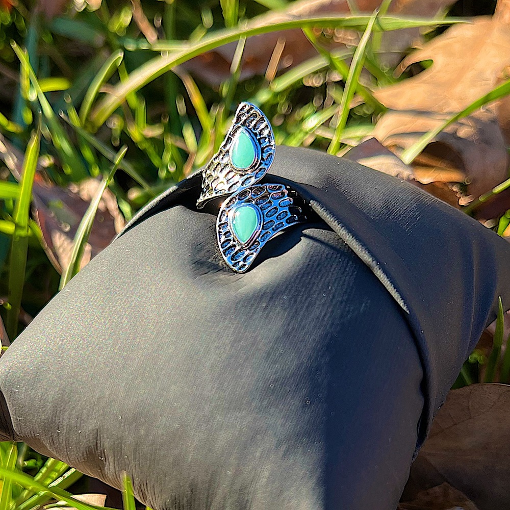 Half Moon Turquoise 2 Stones Gipsy Vintage Boho stainless steel ring